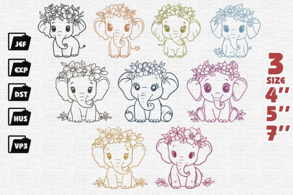 Set of 9 Baby Elephant Embroidery