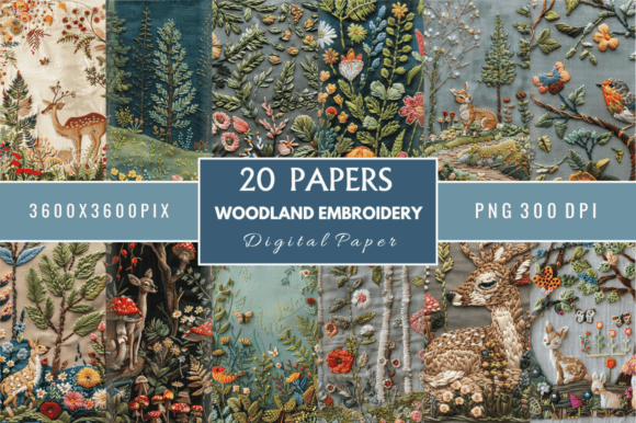 Woodland Embroidery Digital Paper Bundle